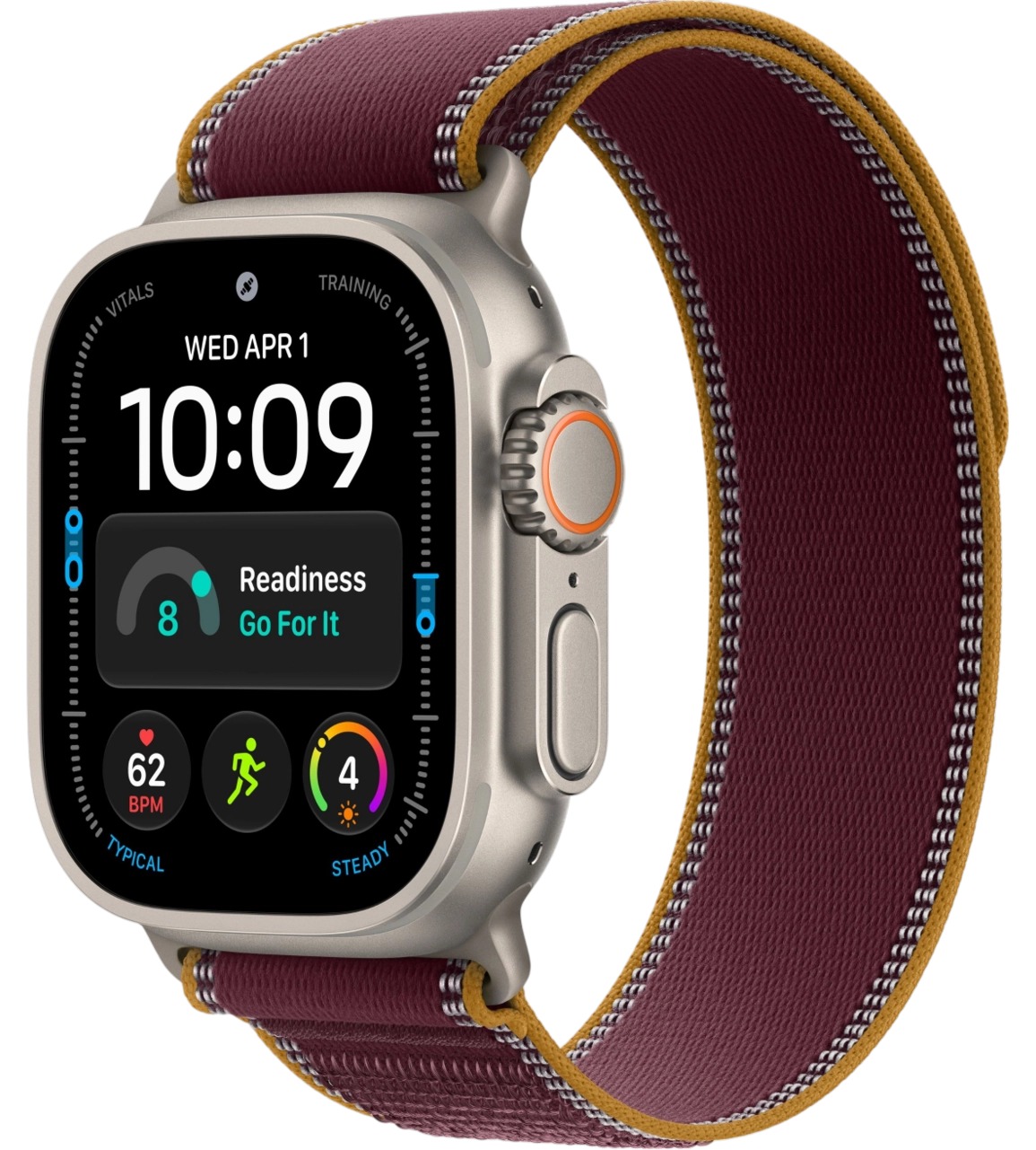 Apple Watch Ultra 4 Natural Titanium Case with Burgundy Trail Loop S/M