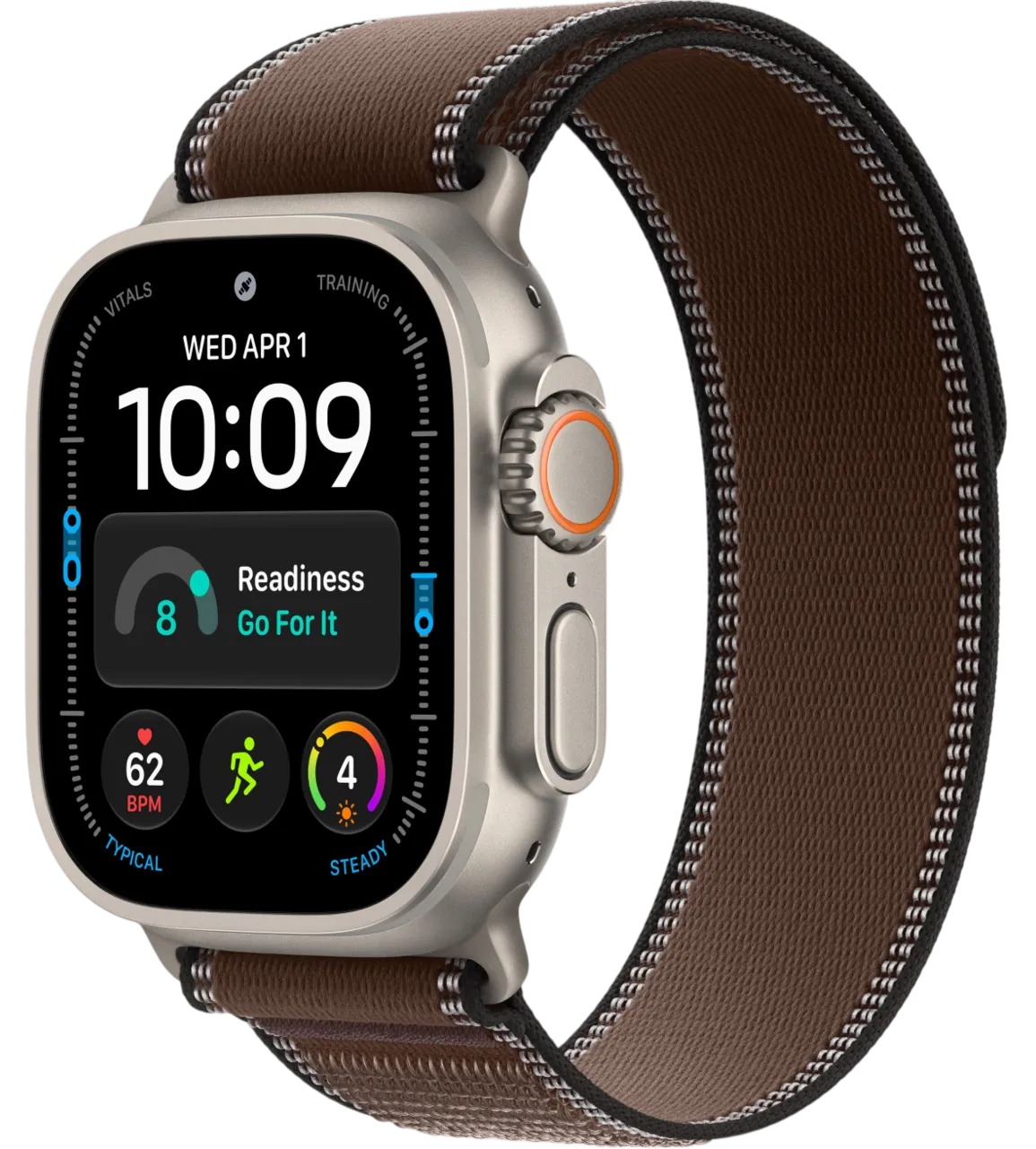 Apple Watch Ultra 4 Natural Titanium Case with Dark Umber Trail Loop S/M